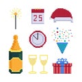 Icon set for christmas party. Corporate party. Items isolated on a white background. Vector illustration in pixel art Royalty Free Stock Photo