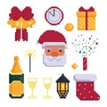 Icon set for christmas party. Items for the holiday. 8 bit. Graphics for games .Vector illustration in pixel art style Royalty Free Stock Photo