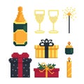 Icon set for christmas party. Items for the holiday. 8 bit. Graphics for games .Vector illustration in pixel style Royalty Free Stock Photo