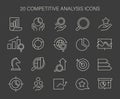 Icon set for competitive analysis. Essential visual tools for market research, data interpretation.