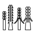 Icon set of construction dowel. Part for fixing screws in various materials. Construction and repair tools.