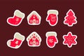 Icon set of cute christmas things. Set of vector hand drawn socks, house, gloves and tree