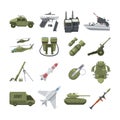 Icon set of different army weapons. Military and police equipment. Vector pictures in flat style Royalty Free Stock Photo