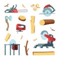 Icon set of different tools of wood industry production