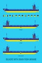 Icon set of dry cargo ships for transportation of bulk cereals and icons of grain, corn, sunflower in the colors of the flag of