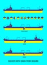Icon set of dry cargo ships for transportation of bulk cereals and icons of grain, corn, sunflower in the colors of the flag of