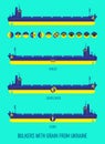 Icon set of dry cargo ships for transportation of bulk cereals and icons of grain, corn, sunflower in the colors of the flag of