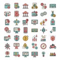 Icon set featuring various financial and technological themes. Includes symbols of