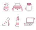 Icon set of female beauty accessories in pink colors