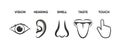 Icon set of five human senses sight, hearing, smell, taste, touch. The concept of human feelings. Simple line icons Royalty Free Stock Photo