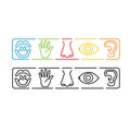 Icon set of five human senses vision eye, smell nose, hearing ear, touch hand, taste mouth. Simple line icon vector illustration. Royalty Free Stock Photo