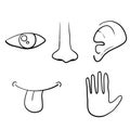 Icon set of five human senses: vision eye, smell nose, hearing ear, touch hand, taste mouth with tongue. with hand drawn Royalty Free Stock Photo