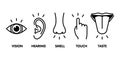 Icon set of five human senses: vision - eye , smell - nose , hearing - ear , touch - hand , taste - mouth with tongue . Simple Royalty Free Stock Photo