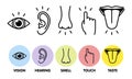 Icon set of five human senses: vision - eye , smell - nose , hearing - ear , touch - hand , taste - mouth with tongue . Simple Royalty Free Stock Photo