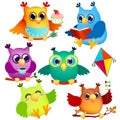 Icon set funny cartoon owls in various poses Royalty Free Stock Photo