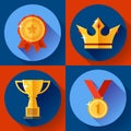 Icon set Golden victory symbols champion cup, crown, medal, badge. Flat design.