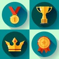 Icon set Golden victory symbols champion cup, crown, medal, badge. Flat design.