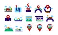 Icon set GPS map location travel navigation journey with bike car taxi bus and airplane transportation target Royalty Free Stock Photo