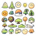 icon set green earth, tree, earth, cloud, sun, 2d flat set icon