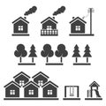 Icon set of a group of houses, a near-territory territory with a children swing and green spaces. Vector.