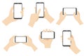 Icon set of hands holding smartphone. Flat illustration of mockup smartphone. Hand handling phone. Phone in hands icon set. Slide,