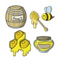 Icon set, honey collection, wooden barrel, honey and bee, vector cartoon Royalty Free Stock Photo