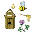 Icon set, honey collection, wooden beehive, bee and clover flower, vector cartoon Royalty Free Stock Photo