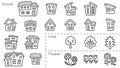 icon set of house and tree and flower - only hand writing style line drawing -