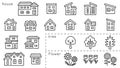 icon set of house and tree and flower - only hand writing style line drawing -