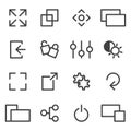 Icon set of internal screen settings. Linear execution of simple symbols for adjusting the TV screen from turning on and