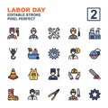 Icon set Labor day made with line color technique. Editable stroke and pixel perfect