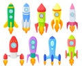 Icon set of multicolored children s rockets. Vector illustration.