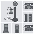 Icon set of old phones, wired and cell phones