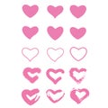 Icon set of pink hearts. Painted hearts from grunge brush strokes. Collection of love symbols for valentine card, banner Royalty Free Stock Photo