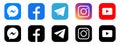 Icon set of popular social apps with rounded corners. Social media icons modern design. Facebook, instagram, massenger, youtube,