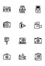 Icon set of professional photographer camera, film camera, medium format,action camera, hyper zoom lens, Polaroid, cinema recorder