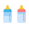 Icon set of scalable plastic or glass baby bottles with milk or water