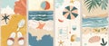 An icon set showing summer beach holidays, vacation, shoes, ice cream, shells, a ball, drink, towel, sunglasses, and Royalty Free Stock Photo