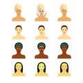 Icon set for skincare infographic. Young women showing four steps face care. Different skin tones.