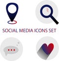 Icon set for social networks and mobile phone. Geolocation icon, search icon, print message or chat icon, like icon. Vector