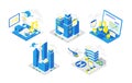 Icon set for software development. Programming testing robots, helicopter and drones. Isometric infographic. Blue colors