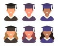 Icon set, students graduates in student hats, boys and girls. Icons for diplomas, schools, colleges and universities. Royalty Free Stock Photo