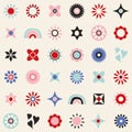 Icon set of symbols, floral, sunshine, hearts, rainbows and stars. Fun flat modern vector stylised illustrations. Design