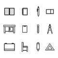 Icon set with the theme of school equipment. With various kinds of school equipment, such as notebooks, pencils, study tables,