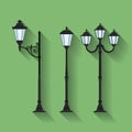 Icon set of three streetlights or lanterns. Flat Royalty Free Stock Photo