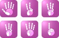 Icon set of white hands poses silhouette on the violet background