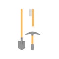 Flat vector icon of shovel, brush and pickaxe. Working instruments with wooden handles. Set of tools for archaeological