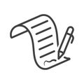 Icon signing a document with a ballpoint pen. Minimalistic linear design. Isolated vector on a white background. Royalty Free Stock Photo
