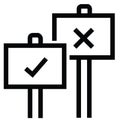 icon for signpost supports marked with a check mark, and rejects marked with a cross. black and white