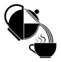 Icon silhouette of glass teapot for tea drinking pours hot water into ceramic cup. Breakfast utensils. Black and white vector Royalty Free Stock Photo